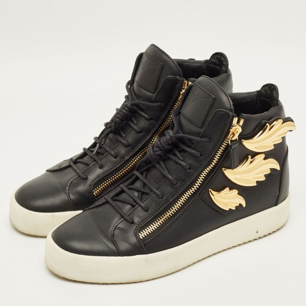Giuseppe Zanotti Size 43.5 Black Leather Wings Double Side Zip High Top Sneakers - Picture 2 of 7